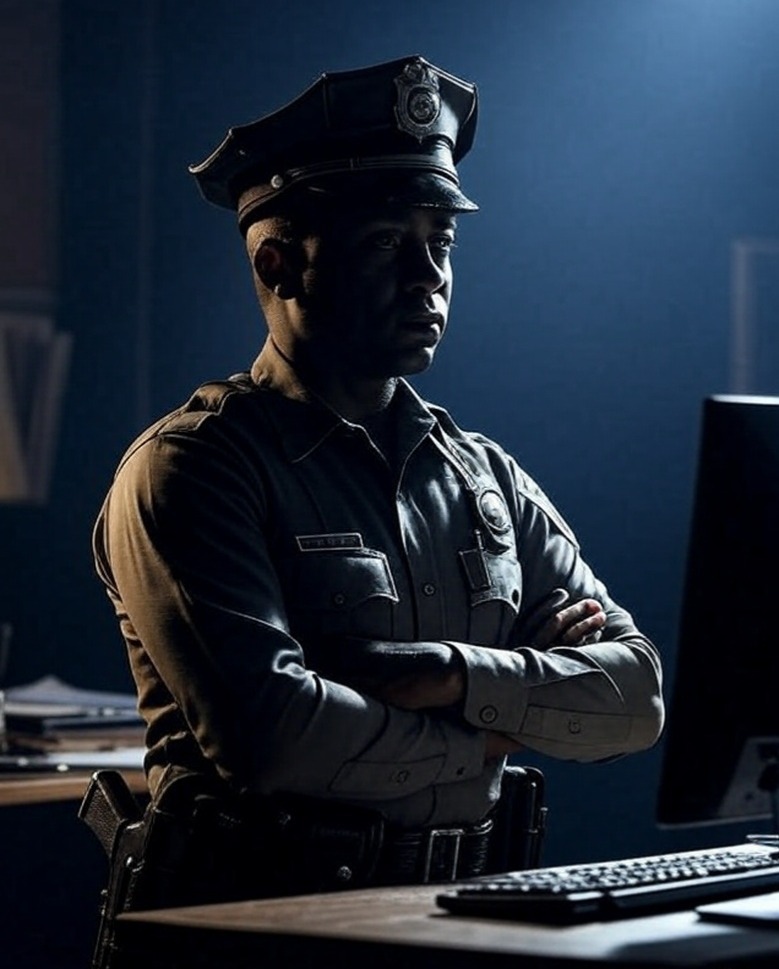 Cop sitting at a desk